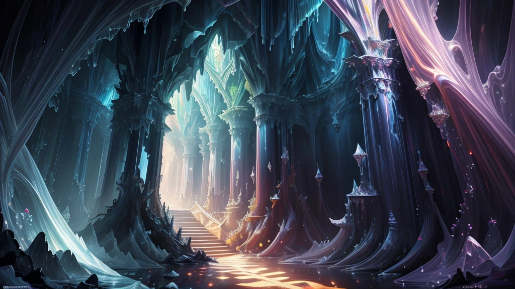 Very high resolution, masterpiece, (super high quality), Highly detailed illustration, Digital Art, Digital Painting, Bright colors, Scenic, Realistic, Amazing Black Crystal Palace, A hallway made of black crystal, Hidden deep in the cave, A rainbow-colored wall that refracts the surrounding moonlight, Shine, From above,