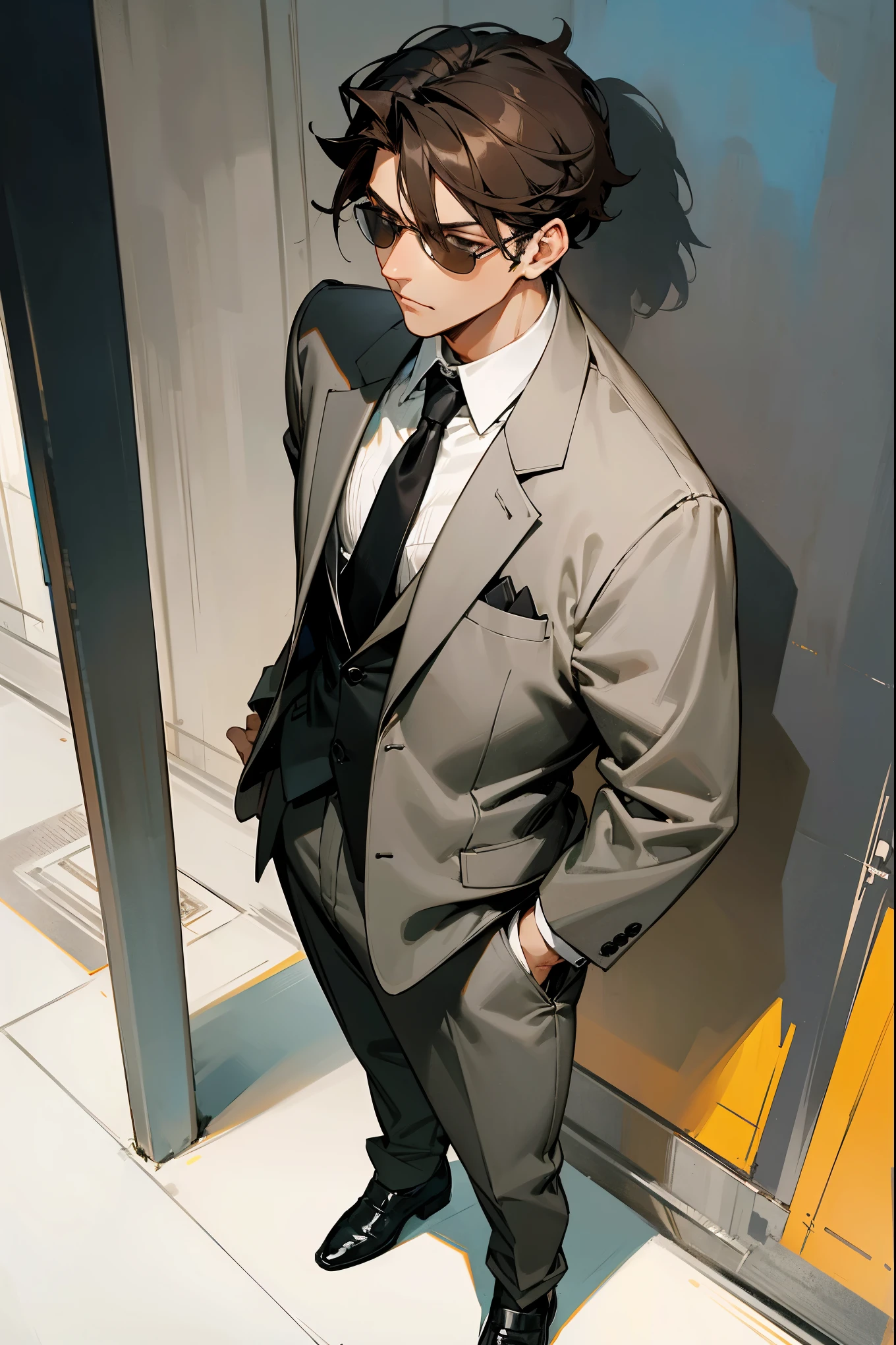 1male, dark brown hair, styled in a relaxed, tousled manner, cool gray eyes, nonchalant expression, loosely fitted gray suit with wrinkled fabric and an unbuttoned blazer, oversized white dress shirt with the collar turned up, slightly disheveled black tie, classic black aviator sunglasses, black loafers with slightly rolled-up cuffs, urban street background with a mix of modern and vintage elements, detailed face, hands to side, standing on path