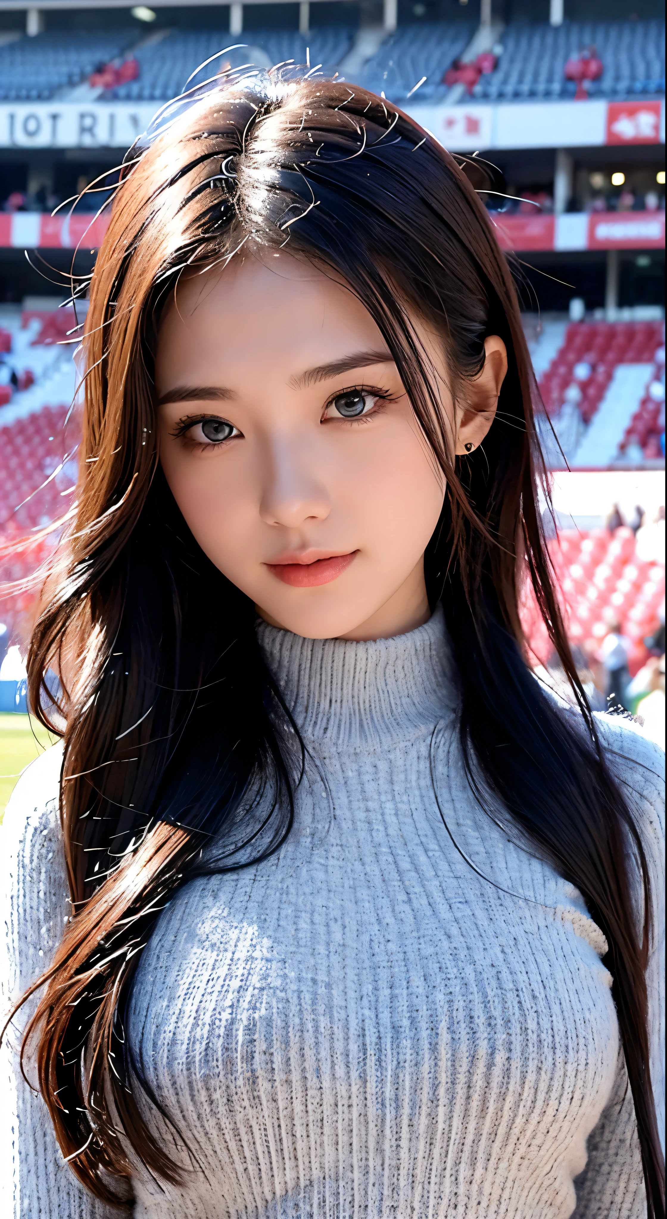 with high definition images，Dressed in knitted clothes，A very beautiful woman，Facial details，Watching soccer。On the background of a soccer stadium