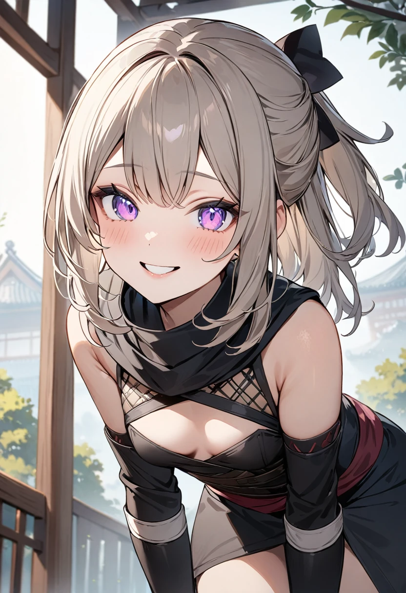 (masterpiece, top quality, very aesthetic, 4k、illustration), intricate detail, 1woman,leaning forward 、(cowboy shot)、(),Cute 、light smile、Random Hair Color、,middle hair,sidelock ,Random Color eyes、ninja clothes、small breasts、Slim 、