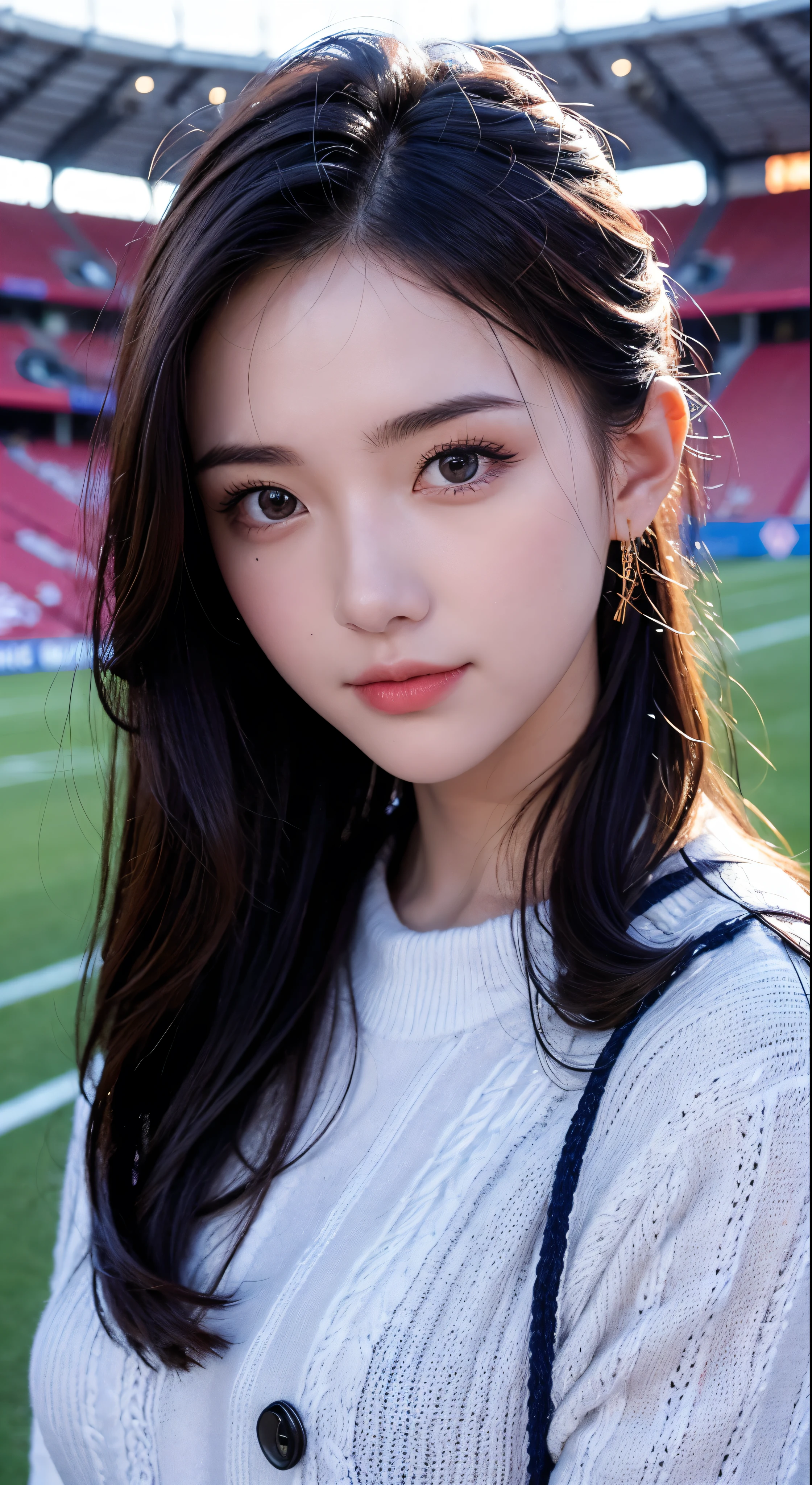 with high definition images，Dressed in knitted clothes，A very beautiful woman，Facial details，Watching soccer。On the background of a soccer stadium