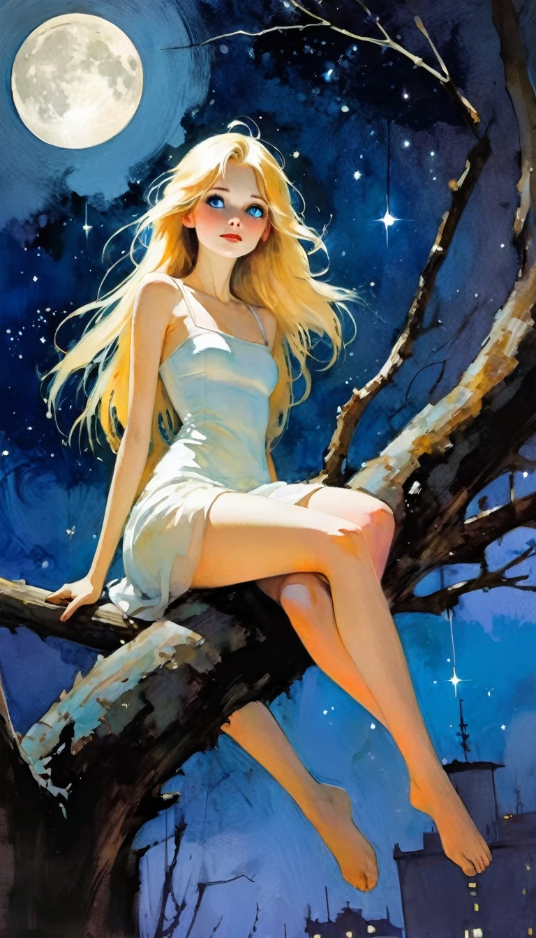 very sexy girl, {sitting on a high tree branch}long straight blonde hair, very thin, small breasts, eroticism, sexy, powerful composition, emotional impact((from below)), magic, fantastic, night sky, moon, stars, background, alone, very beautiful, cute, adorable, embarrassed, alone, blue eyes , white skin,glowify (simple oil painting in the style of Bill Sienkiewicz)
