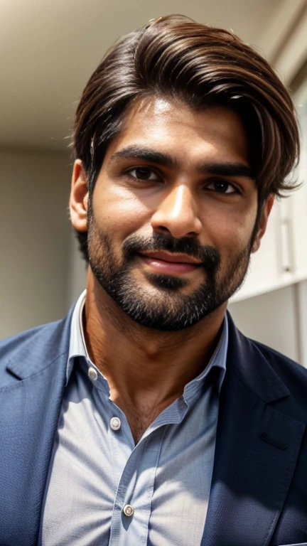 masterpiece, best quality, high resolution, closeup portrait, male focus, half body focus, A indian man, 30 years old, with business suit, formal shoes and socks, brown hair, messy hairstyle, cute and seductive face, big chest, facial hair, roman nose, very skinny body, hairy legs, dimples, beard, bold jawline, his perfect big penis is coming out, masterpiece, below, amazing composition, front view, HDR, ultra quality, elegant, highly detailed, in sunlight 