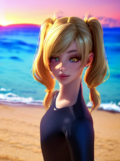 A beautiful girl in a yellow swimsuit, standing alone on a sandy beach, her long blonde hair tied in twin tails, (best quality,4k,8k,highres,masterpiece:1.2),ultra-detailed,(realistic,photorealistic,photo-realistic:1.37),detailed face and eyes,detailed hair, beach scenery, golden hour lighting, vivid colors, serene atmosphere
