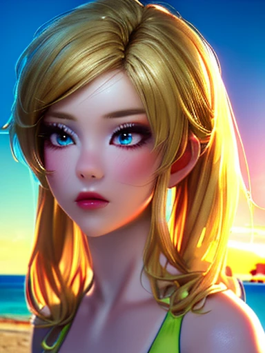 A beautiful girl in a yellow swimsuit, standing alone on a sandy beach, her long blonde hair tied in twin tails, (best quality,4k,8k,highres,masterpiece:1.2),ultra-detailed,(realistic,photorealistic,photo-realistic:1.37),detailed face and eyes,detailed hair, beach scenery, golden hour lighting, vivid colors, serene atmosphere