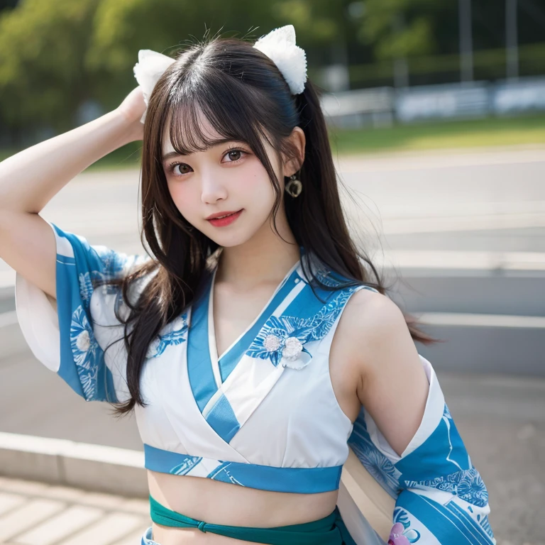 Highest quality, figure, Super detailed, In detail, High resolution, 8k wallpaper, Perfect dynamic composition, Beautiful attention to detail, Frillsたっぷりのアイドル衣装, Natural color lip, Random sexy poses,smile,、20-year-old girl、Beaver,Medium-Long Hair Styles, ,race,kimono,Frills,Belly button