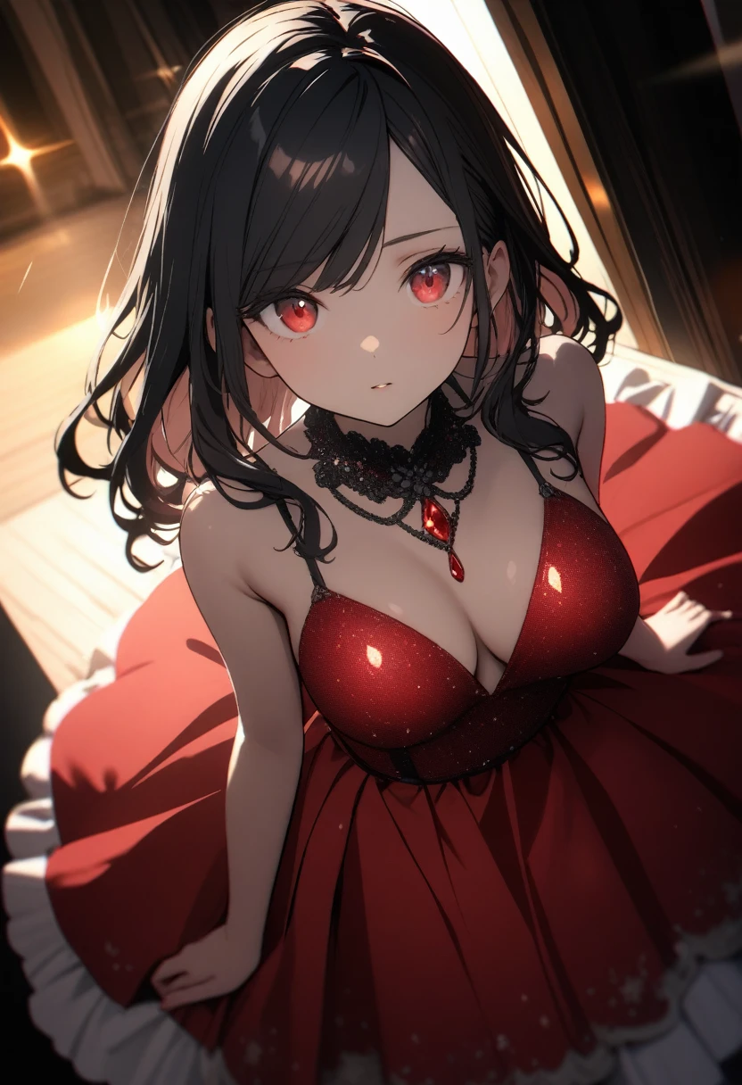 One , ((A very luxurious and sparkling red party dress))、(Black Hair、Inner color hairstyle), very beautiful and smooth hair, Facial Contour, Remember, Party Venue, brilliant lighting、splash, Lens flare,, Natural Color, High resolution, Very delicate, Very detailed, 8k,(There is swelling of the breasts、About B cup(,((Sexual))、Angle of view from head to toe