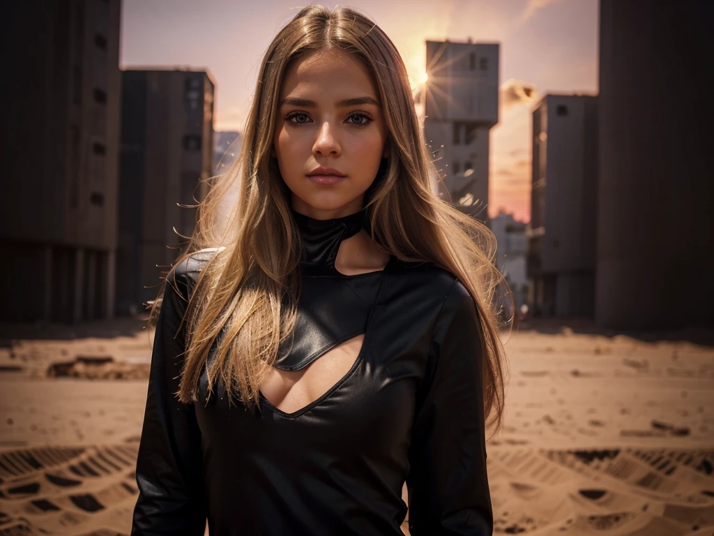 The character is a girl with long straight blonde hair and brown eyes. She is wearing a black bodycon dress. The background features a pink sunset. Make it a hd video game