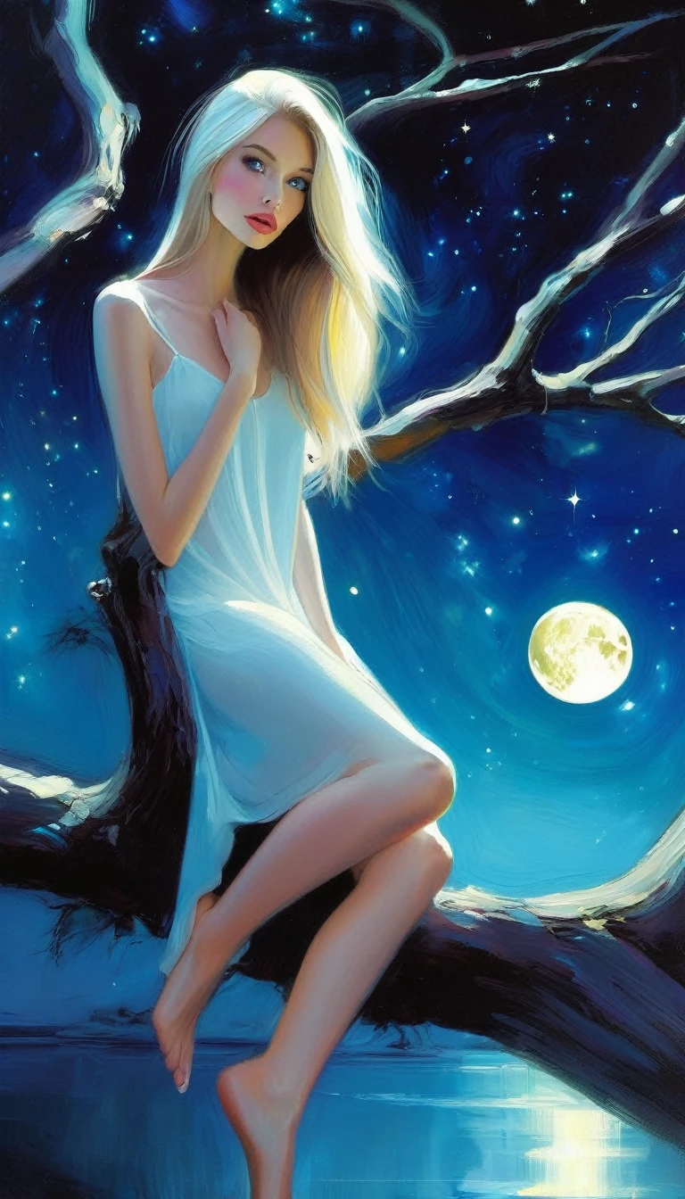 very sexy girl, {sitting on a high tree branch}long straight blonde hair, very thin, small breasts, eroticism, sexy, powerful composition, emotional impact((from below)), magic, fantastic, night sky, moon, stars, background, alone, very beautiful, cute, adorable, embarrassed, alone, blue eyes , white skin,glowify (simple oil painting in the style of Bill Sienkiewicz)