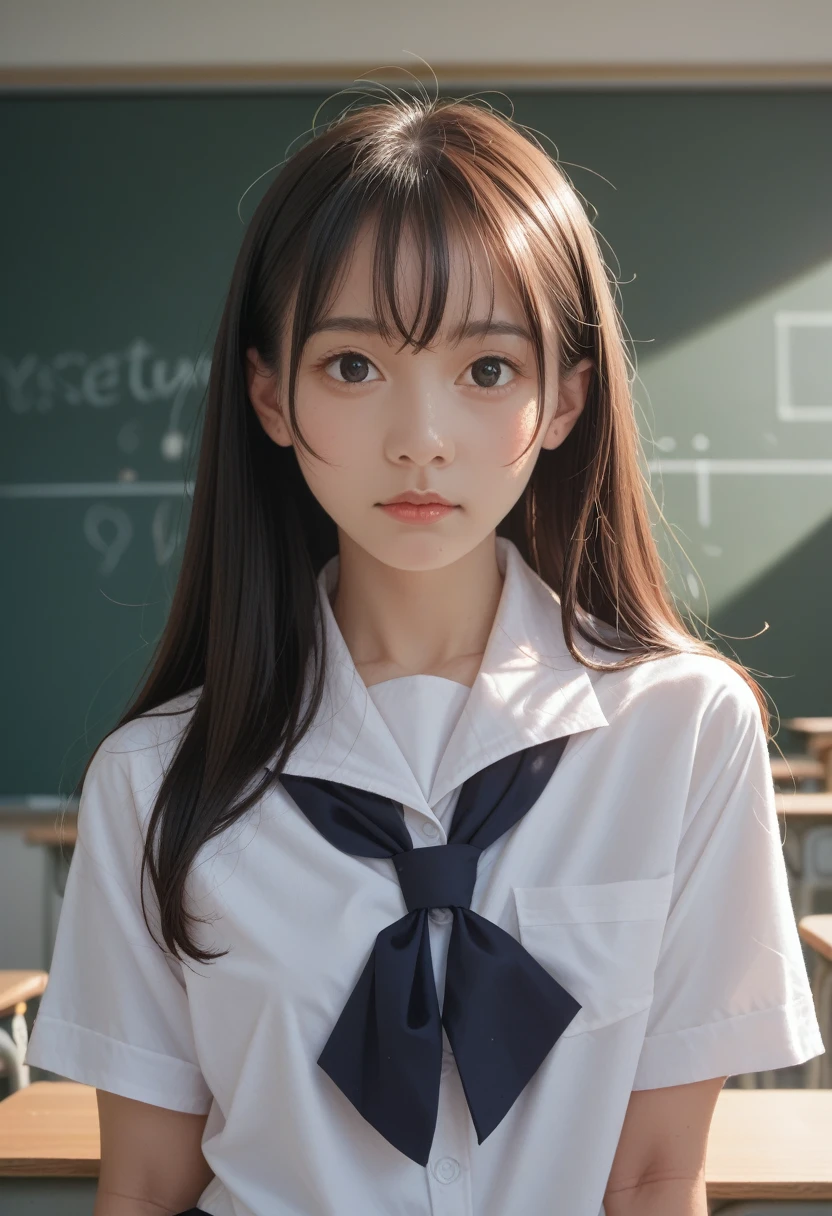 1 Girl, Portrait by re4ashley, sports, Black school uniform, White shirt, classroom, Volumetric Lighting, best quality, masterpiece, Intricate details, Tone Mapping, Clear focus, Ultra Detailed, Popular on artstation, Practical, 