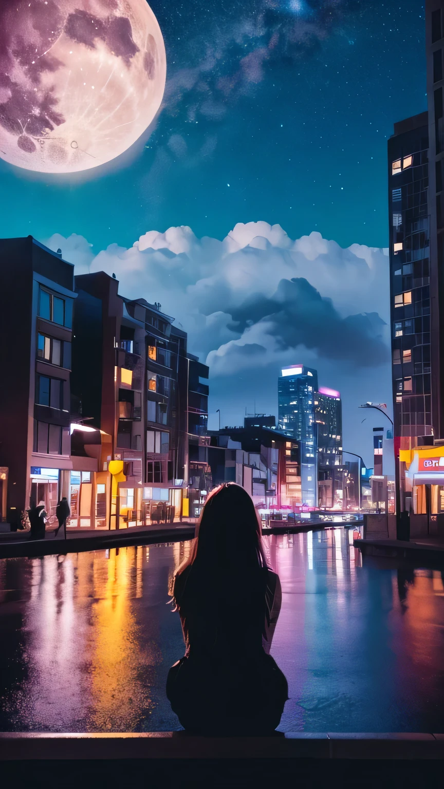 null, star, landscape, starry null, night, girl, night null, alone, Outdoor, sign, building, cloud, milky way, Sitting, wood, Long Hair, city, silhouette, cityscape、Pink Full Moon