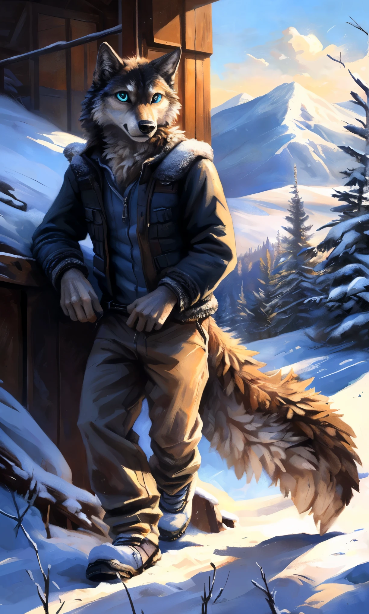 ((Solo)), male people, anthro wolf, (Multi-colored fur, White-brown:1.3,White tail pointed), (Height 2.1m,Tail length 1.2m), ((Wolf face, Big eyes, White eyelids, Blue pupil, Slim:1.2) (Tough, Calm expression:1.2)), Slim, pinging)), (Correct anatomy), (Winter clothing:1.1), The upper body naked, (detailed outfits),A long big tail,Feet,(Realistic fur, Detailed fur texture, labeled:1.3)), (Natural lighting), Photorealistic, Hyperrealistic, ultradetailed, by Kenket,Snowfield,erect through,Running on