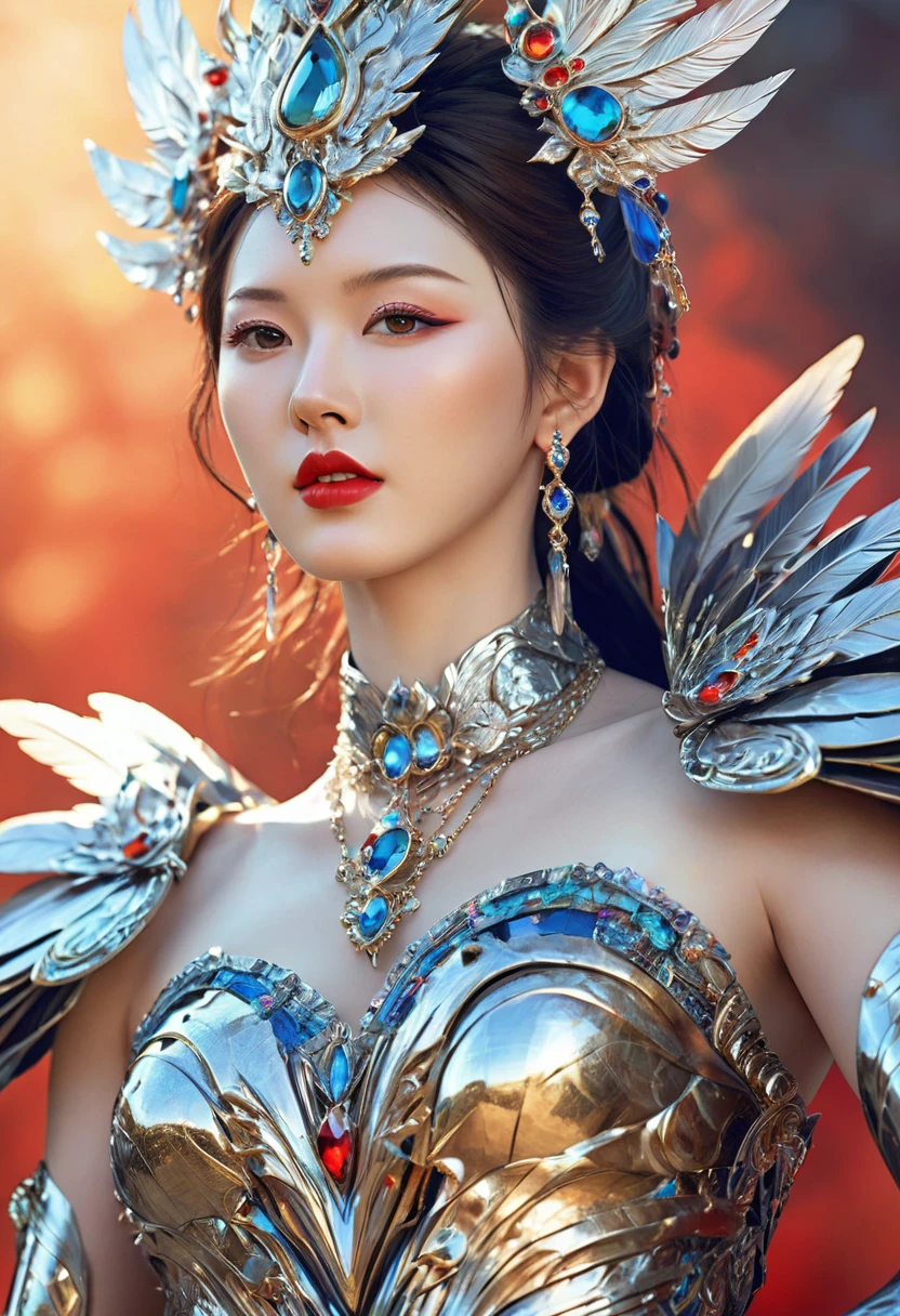 Beautiful Korean idol girl, (fractal art:1.3), (colorful colors), highest detailed, 1girl, huge breasts, (crystal feather armor), makeup, red lips, necklace, earrings, pale skin, the creamy smooth skin, wide pelvis, fighting stance, (upper thighs shot:1.3),
Rafael Albuquerque, art _style,
(masterpiece, top quality, best quality, official art, beautiful and aesthetic:1.2), extreme detailed,