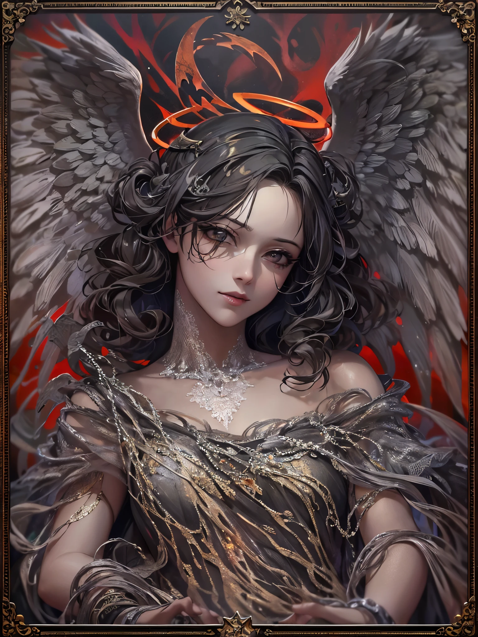 ((Highest quality)),(Ultra-high resolution),(Super detailed),(Detailed Description),((The best CG)),(masterpiece),Highly detailed art,(Art with precise detail:1.5), (Female fallen angel:1.4),(A dull glowing angel halo:1.6),(Blackened angel wings:1.6),(Shabby Angel's Clothes:1.4),(Determined red eyes:1.3), (A legend born in defiance of the gods:1.5), There is nothing to lose:1.4, Fight for love:1.6, Twinkling Constellations:1.6, wander:1.3,