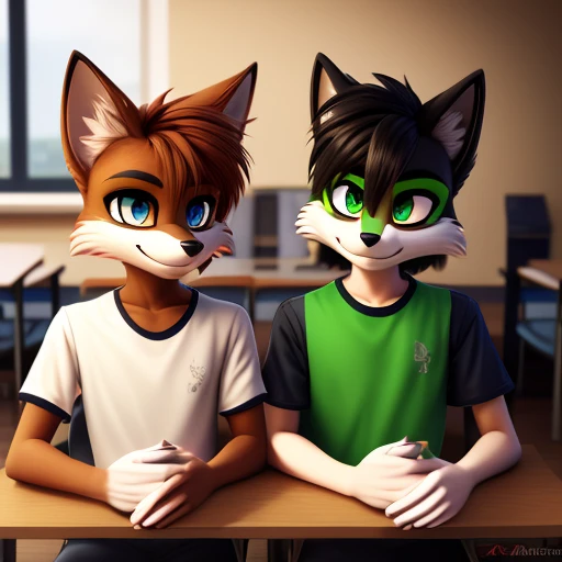 Teenage student with black fox fur, His ears are green and white inside, With a teenage student together, Detailed eyes, highly Detailed eyes, تحفة 8K. 