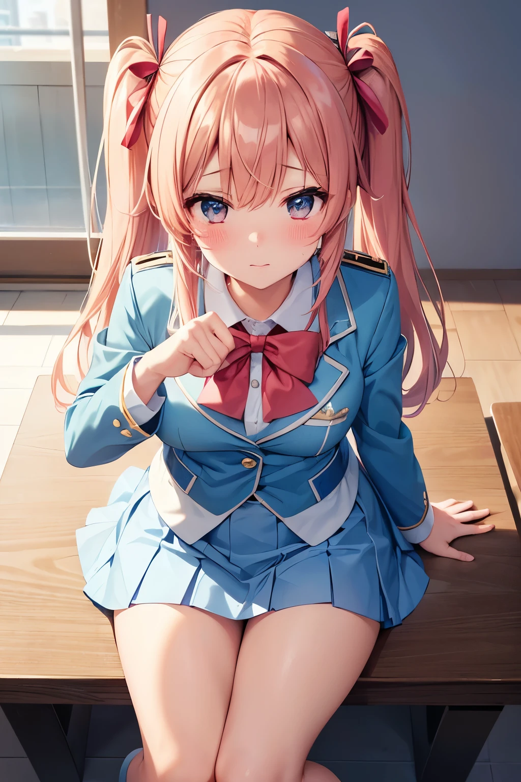 From above, (Squint your eyes:1.2), close, One Girl, blush, sit, nsfw,beautiful girl,Wear a uniform, Light blue skirt, Anime move,Two Side Up