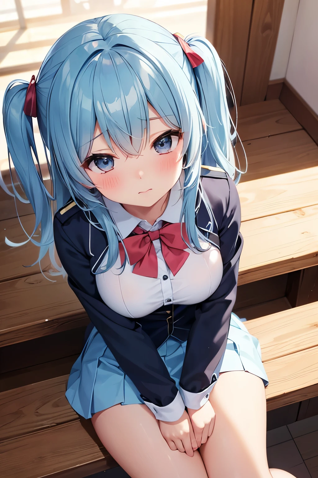 From above, (Squint your eyes:1.2), close, One Girl, blush, sit, nsfw,beautiful girl,Wear a uniform, Light blue skirt, Anime move,Two Side Up