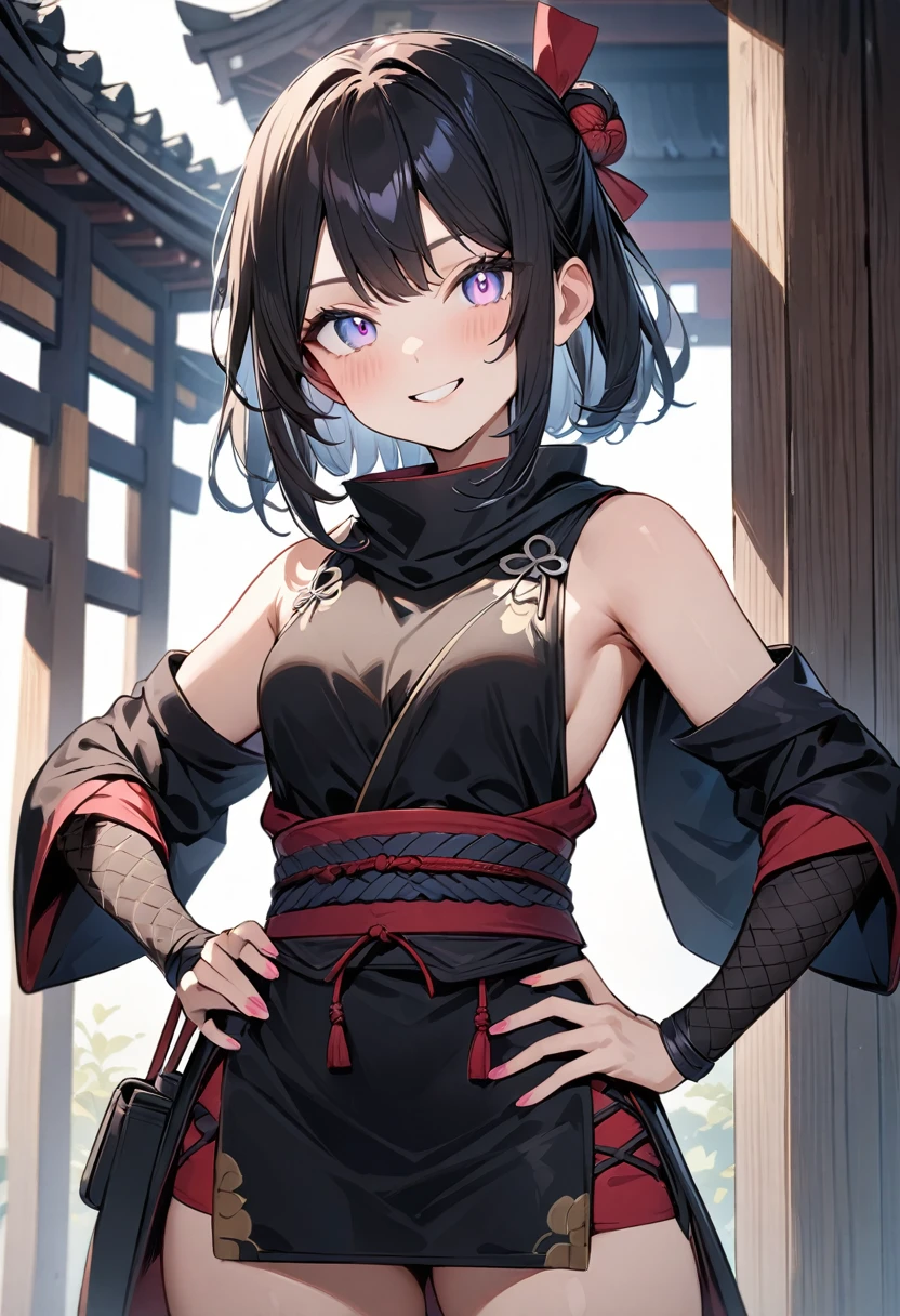 (shylily/(Twich/):1.5),(masterpiece:1.2),(best quality:1.2),1 Girl,(Solitary,Tomboy, Ninja Girl, 10 years old:1.3),Complete limbs, Full fingers,((very short hair, Bangs), flat chest, , Small butt,, Beautiful and delicate eyes, Iris and pupil are well proportioned, expressive eyes, High resolution detailed hair, Soft expression,Ninja Clothes, (Sleeveless Korean style),Heart,Japanese hairpins,Ninja scarf fluttering in the wind,(Detailed lighting), (Detailed background), Looking down on this town, On the roof ,high roof. from above, rest,Super delicate skin,,Beauty illustration,