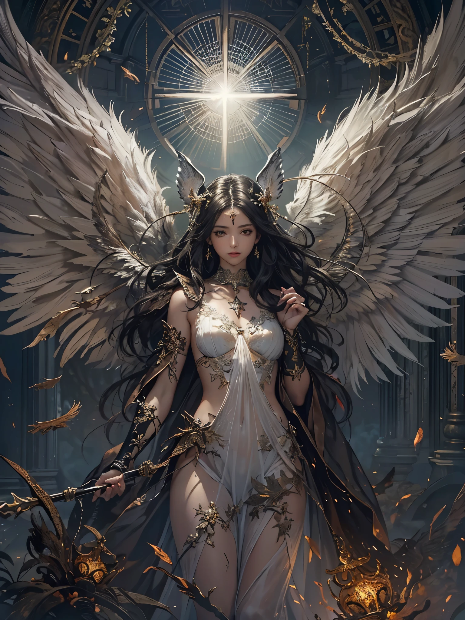 ((Highest quality)),(Ultra-high resolution),(Super detailed),(Detailed Description),((The best CG)),(masterpiece),Highly detailed art,(Art with precise detail:1.5), (Female fallen angel:1.4),(A dull glowing angel halo:1.6),(Blackened angel wings:1.6),(Shabby Angel's Clothes:1.4),(Determined red eyes:1.3), (A legend born in defiance of the gods:1.5), There is nothing to lose:1.4, Fight for love:1.6, Twinkling Constellations:1.6, wander:1.3,