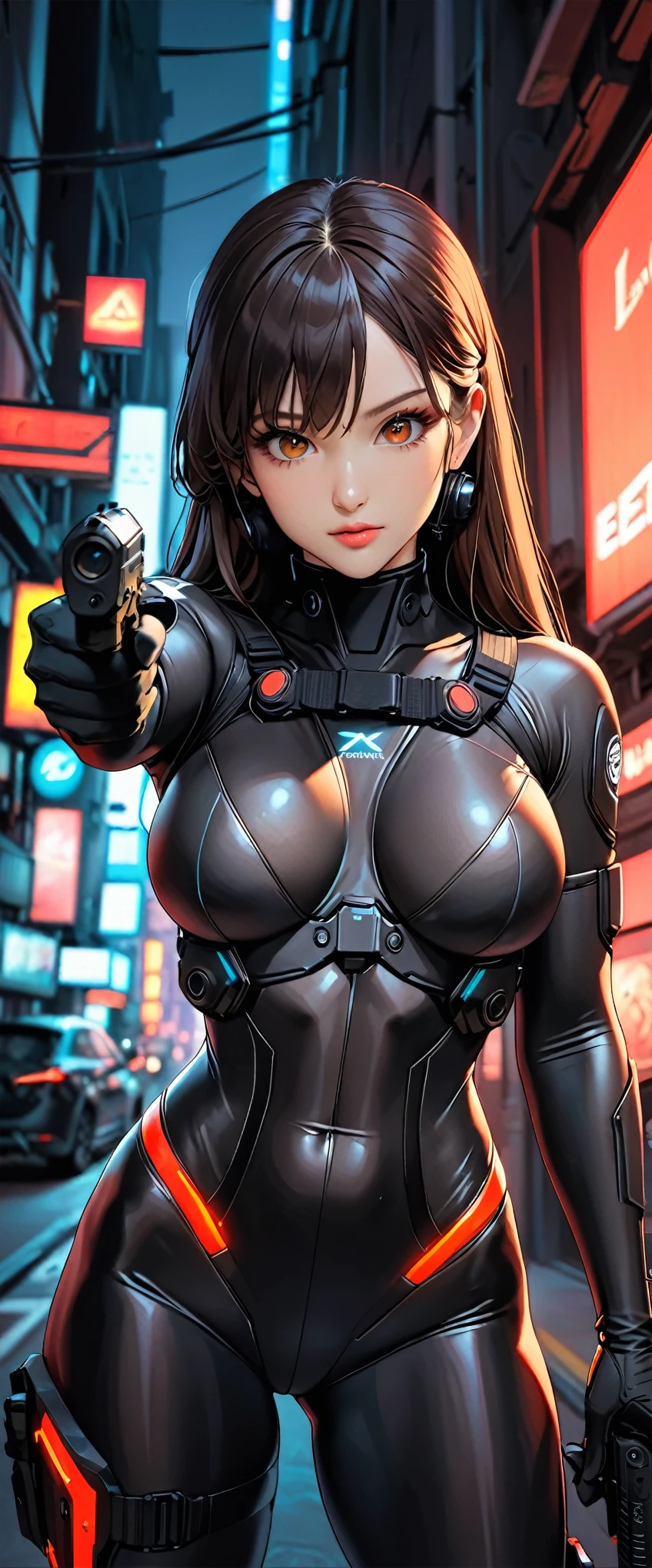 (masterpiece:1.2,Highest quality,Highest quality,Very detailed:1.2),8k,wallpaper,(One Woman),(A futuristic female SWAT officer holds a gun in both hands),(((pointing pistol:1.6))),((Extremely form fitting black tactical bodysuit:1.6)),(Tactical Headset),(Tactical Holster),(Tactical Gloves),BREAK(Serious),(ponytail),(Black Hair),(Beautiful Face),(Beautiful Eyes),(Beautiful Eyes),(Very detailedな顔),(Very detailedな目),(Very detailedな女性の手),(Muscular),(sexy),(Big Breasts),(Thick thighs),(Beautiful body),(((The background is the neon streets of a future city:1.6))),(cyber punk:1.6),(((Hand,detailed,perfect,perfection,hands))),(Beautiful female hands),(Accurate hand drawing),(The electronics attached to the bodysuit are glowing red.:1.6),(brown eyes:1.6)