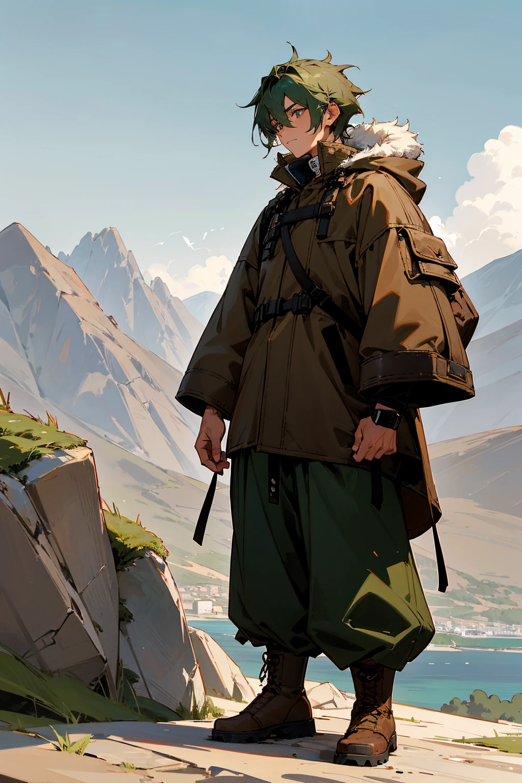 1male, deep green hair, styled in a modern tousled look, sharp silver eyes, relaxed expression, oversized dark brown parka with a fur-lined hood, baggy beige cargo pants, weathered brown hiking boots, a simple leather wristband, rugged mountain background with rocky terrain and a cloudy sky, detailed face, hands to side, standing on path