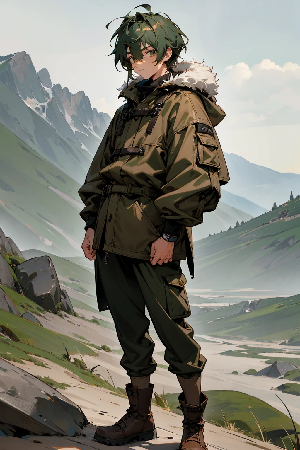 1male, deep green hair, styled in a modern tousled look, sharp silver eyes, relaxed expression, oversized dark brown parka with a fur-lined hood, baggy beige cargo pants, weathered brown hiking boots, a simple leather wristband, rugged mountain background with rocky terrain and a cloudy sky, detailed face, hands to side, standing on path