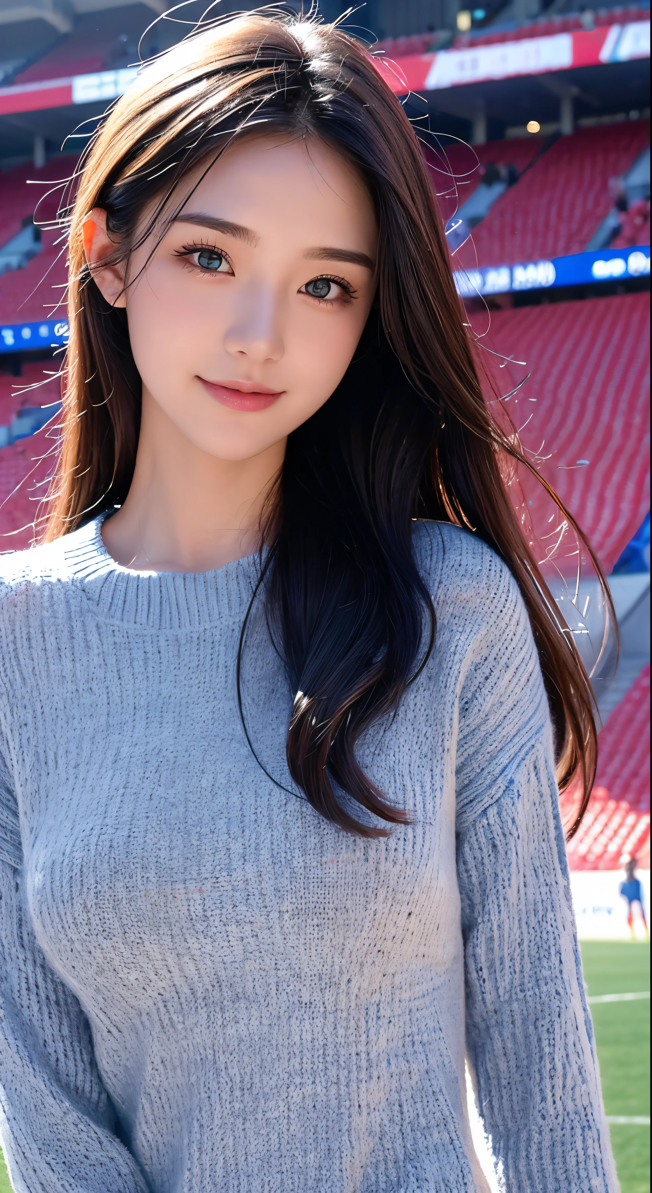 with high definition images,Dressed in knitted clothes,A very beautiful woman,Facial details,Watching soccer。On the background of a soccer stadium