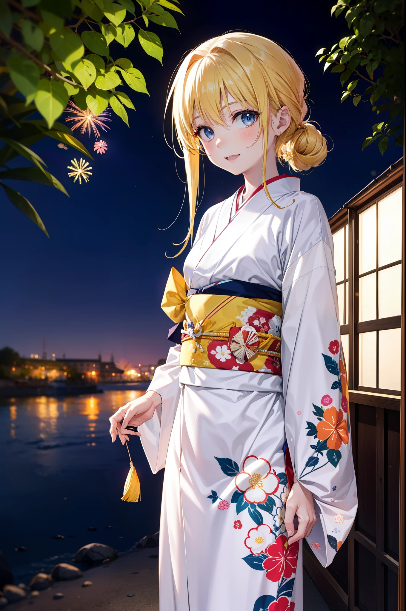 Alicesburg, Alice Zuberg, bangs, blue eyes, Blonde, Hair between the eyes, Long Hair,Flower Hair Ornaments,hair tied back, hair band, white hair band,Yellow Kimono,happy smile,smile, Open your mouth,Fireworks in the night sky、Fireworks,The place is a fireworks display,Time is night,sunny day,Japanese Festivals,Summer festival food stalls,Red lantern,whole bodyがイラストに入るように
break outside, shrine,
break looking at viewer, whole body,(Cowboy Shot:1.5),
break (masterpiece:1.2), Highest quality, High resolution, unity 8k wallpaper, (figure:0.8), (Beautiful attention to detail:1.6), Highly detailed face, Perfect lighting, Highly detailed CG, (Perfect hands, Perfect Anatomy),