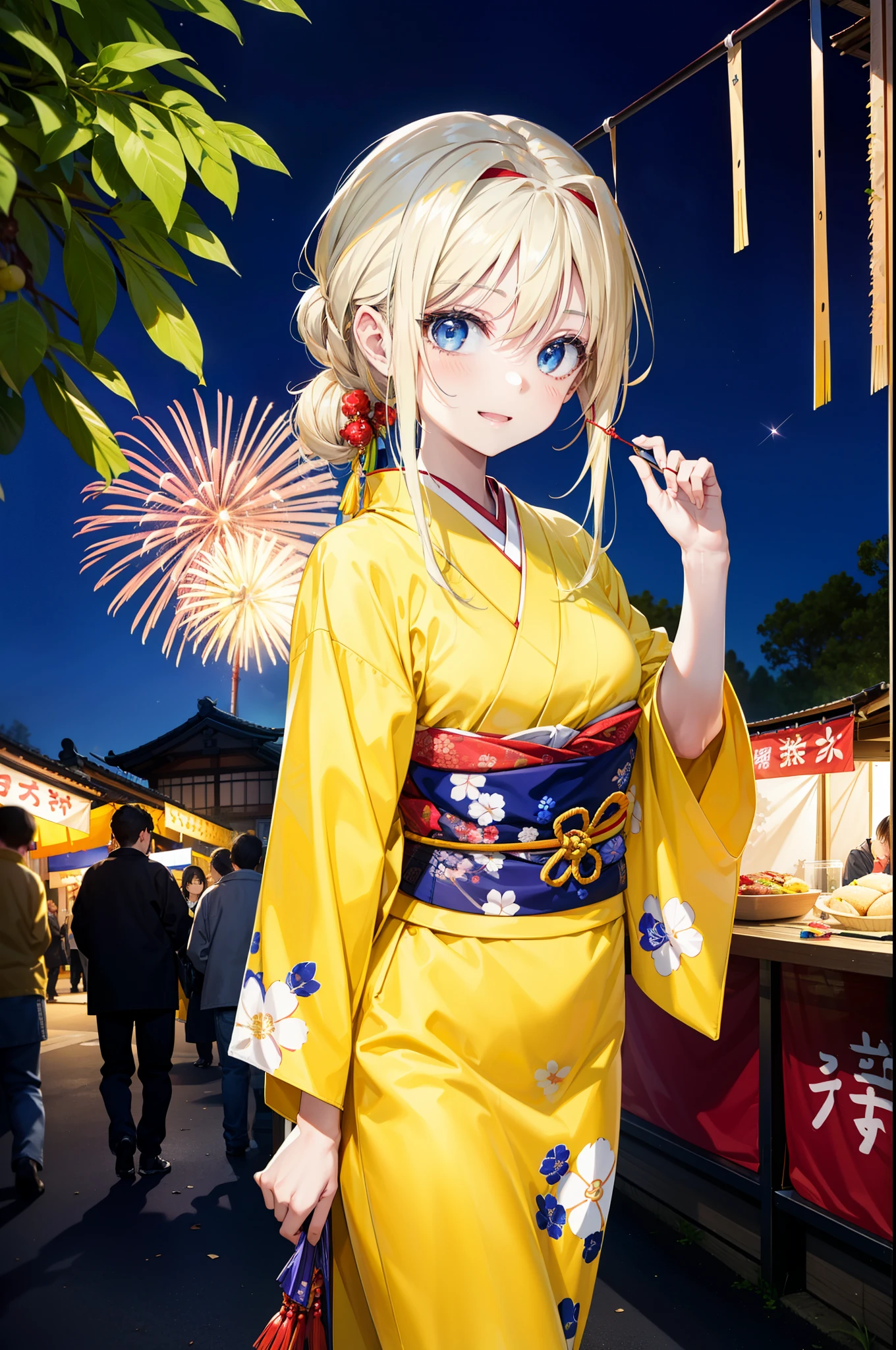 Alicesburg, Alice Zuberg, bangs, blue eyes, Blonde, Hair between the eyes, Long Hair,Flower Hair Ornaments,hair tied back, hair band, white hair band,Yellow Kimono,happy smile,smile, Open your mouth,Fireworks in the night sky、Fireworks,The place is a fireworks display,Time is night,sunny day,Japanese Festivals,Summer festival food stalls,Red lantern,whole bodyがイラストに入るように
break outside, shrine,
break looking at viewer, whole body,(Cowboy Shot:1.5),
break (masterpiece:1.2), Highest quality, High resolution, unity 8k wallpaper, (figure:0.8), (Beautiful attention to detail:1.6), Highly detailed face, Perfect lighting, Highly detailed CG, (Perfect hands, Perfect Anatomy),