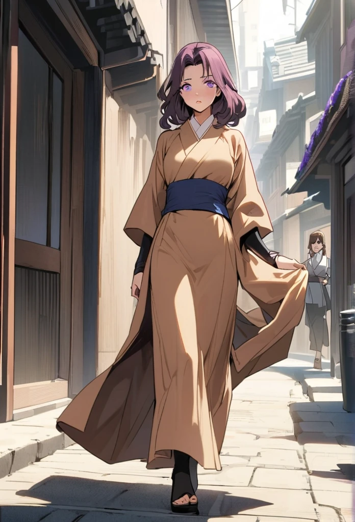 In manhwa style a young adult japanese woman 30s. Her hair is long and brown color. Her face is sad Her skin is radiant and clear, and her lips is pink. violet color eyes are captivating and beautiful. She is wearing a blue long-dress, and walking in the street of takayama