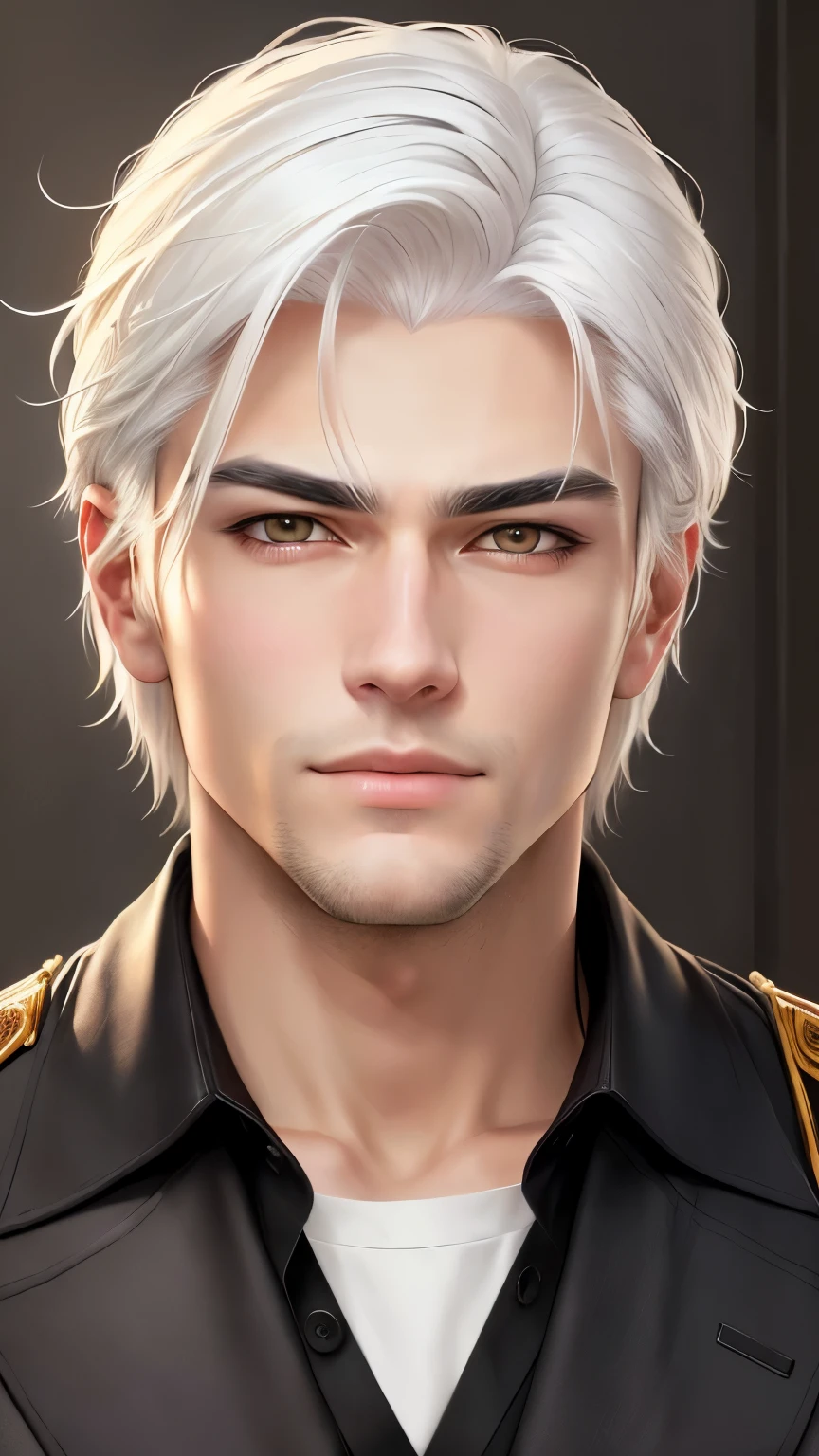 realistic style, Handsome guy with white hair and dark eyes staring at the camera, anime handsome man, young man, masterpiece face