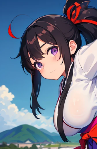 Elementary school girl, 8-year-old, Big breasts Black hair, Long Hair Ribbon on head MS. stork Purple eyes laughing(One person) Upper Body: Kimono from the Taisho era Lower Body: Hakama from the Taisho era White panties((I can see her panties))White socks Brown boots squat Rural Scenery Dynamic angle Low angle