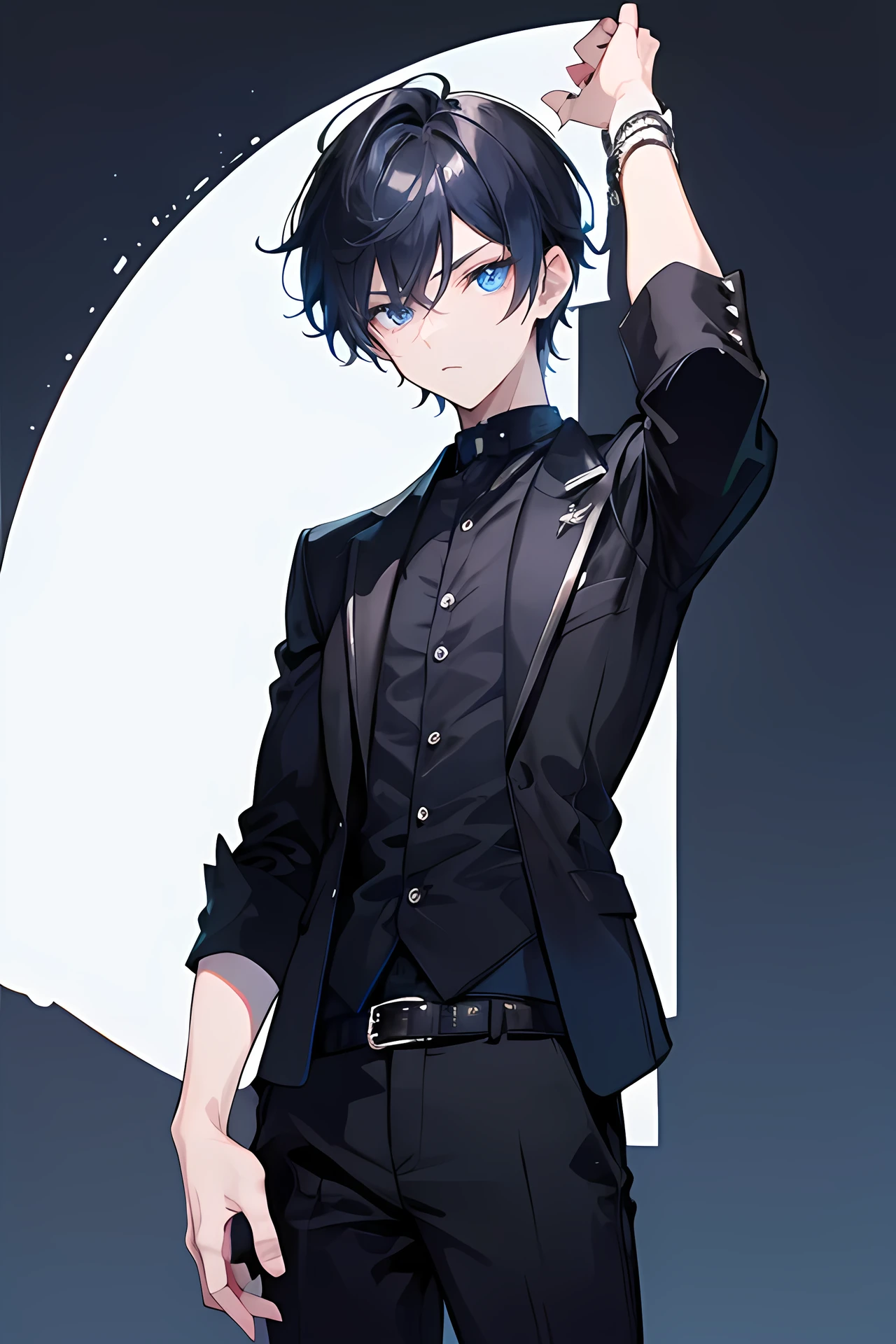 Young boy, black short hair, blue eyes, modern style, handsome boy, cool boy, age boy, stylist, nobleman style, dark background