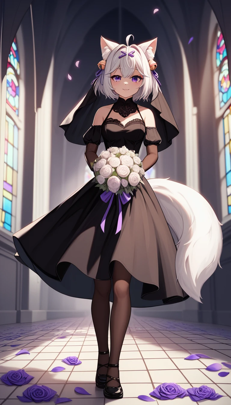 UHD, masterpiece, best quality, moody atmosphere, ((Night)), Church, infront of the altar, church isle, 1girl, tall, solo, Filian, fluffy fox tail, tail pointing down, small cat ears, white hair, short hair, ahoge, hairclip, hair bell, big purple eyes, slight blush, seductive smile, a-line black gown, long black veil, black bridal veil, black lace arm sleeves, black gloves, black lace stockings, black knee length boots, full body pose, cross legs, legs crossing, seductive pose, holding bridal bouquet with purple ribbon, raining black and purple petals, ((falling petals))