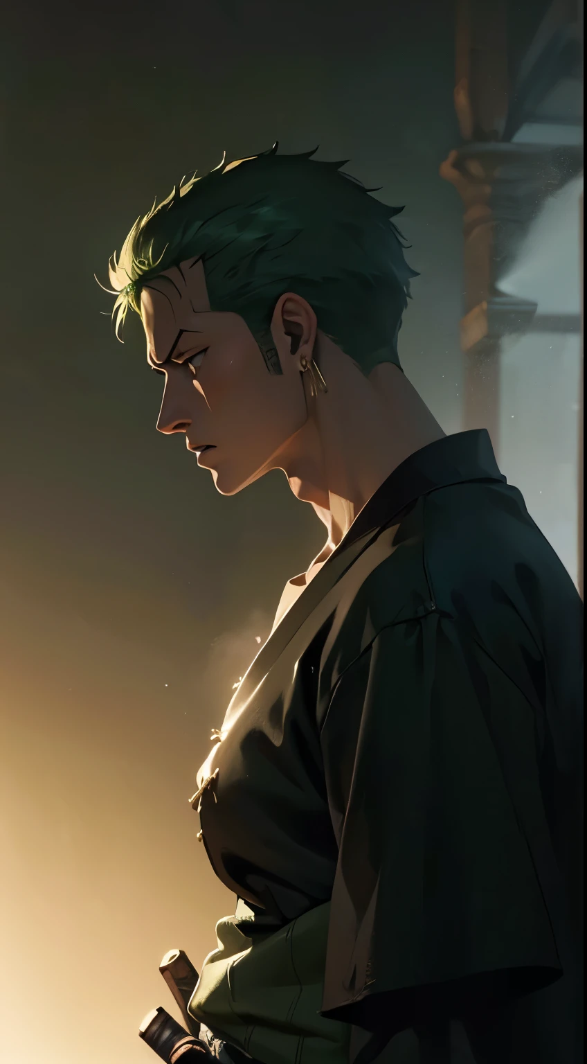 Roronoa Zoro, three swords, one piece, highly detailed, 8k, masterpiece, half profile, intense expression, chiaroscuro lighting, muted color palette, dramatic composition, volumetric fog, cinematic atmosphere, digital painting, concept art style. Waist up. With 3 swors at the waist