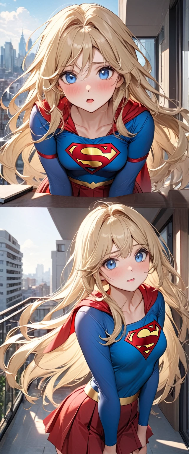 ((Highest quality, masterpiece, nonsense)),One girl:1.9, sexy, ( 18-year-old, Expressive blue eyes, shoulder-length blonde hair, Long Hair,loose and voluminous hair),Dress up as Supergirl (supergirl suite custom cosplay), Red pleated skirt,Naughty, terrace of 1 building