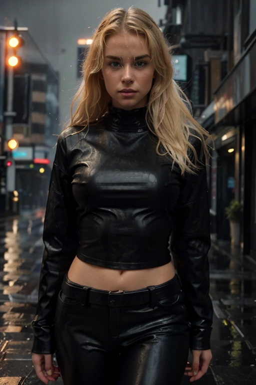 "in a futuristic urban environment, the figure of a young blonde emerges from the mist of the rainy streets. Your almost golden hair is wet from the rain, while drops run down your black leather jacket. Wearing a tight black t-shirt, your bust stands out under the damp fabric, adding an aura of mystery and sensuality to your presence. The town&#39;The flashing neons are reflected in his blue eyes, creating a mesmerizing glow. With an upright posture and determined expression, she seems ready to face the challenges of the cyberpunk metropolis, where every shadow hides secrets and every neon light reveals hidden dangers."