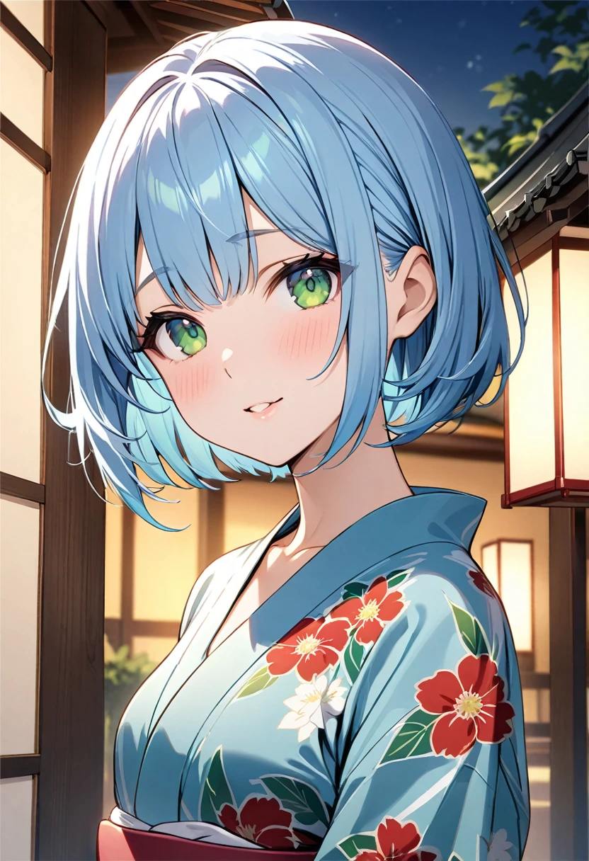 Highest quality、Light blue hair、Short Bob、Deep green eyes、Small breasts,25 years old,yukata、