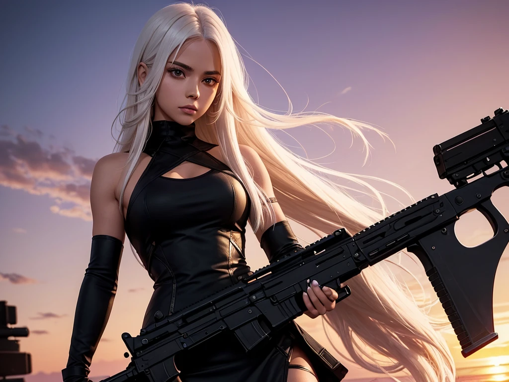 The character is a girl with long straight white hair and brown eyes. She is wearing a black bodycon dress she has a serious expression on her face, she is holding a golden ak47. The background features a pink sunset.