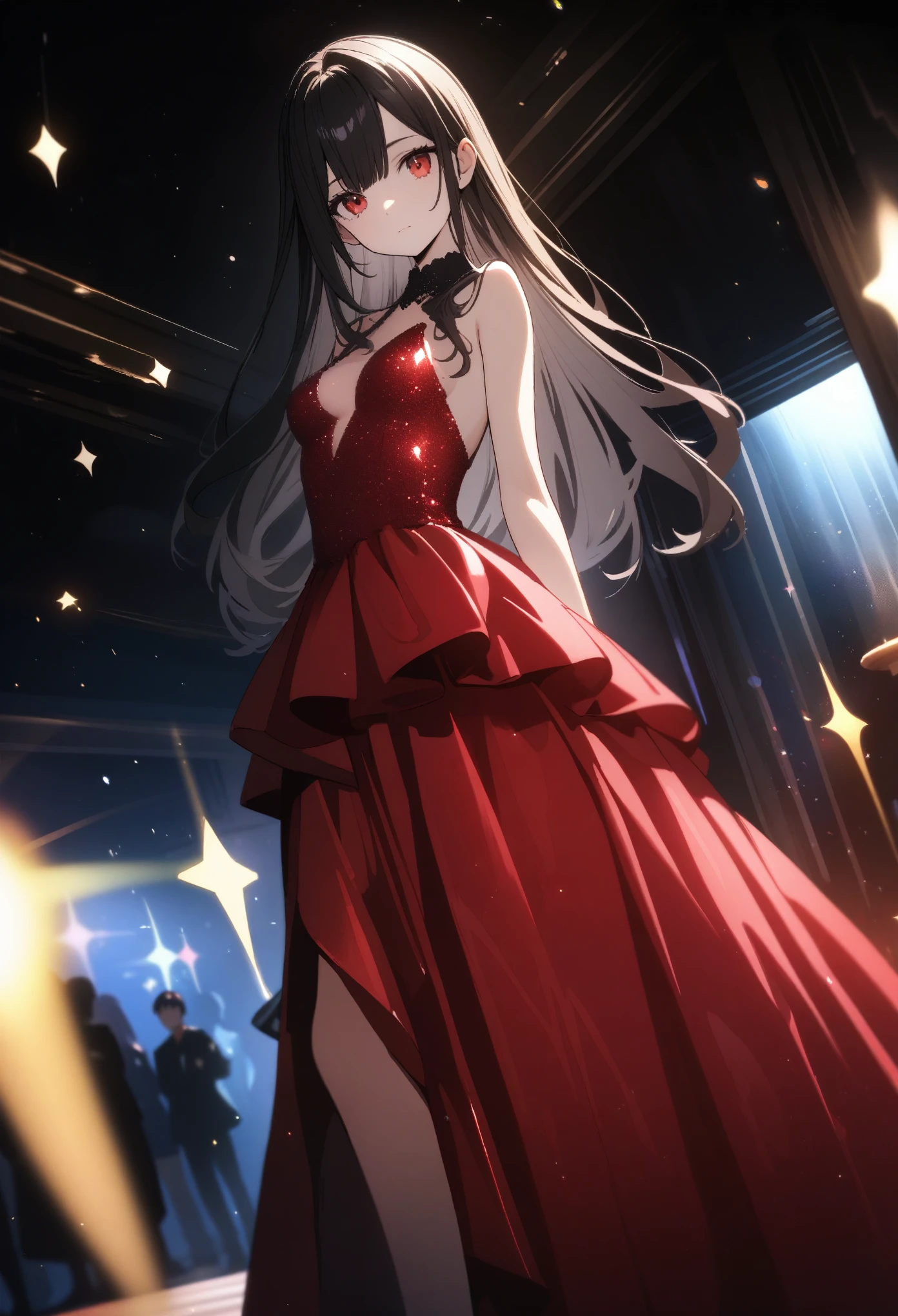 One , ((A very luxurious and sparkling red party dress))、(Black Hair、Inner color hairstyle), very beautiful and smooth hair, Facial Contour, Remember, Party Venue, brilliant lighting、splash, Lens flare,, Natural Color, High resolution, Very delicate, Very detailed, 8k,(There is swelling of the breasts、About B cup)、Angle of view from head to toe