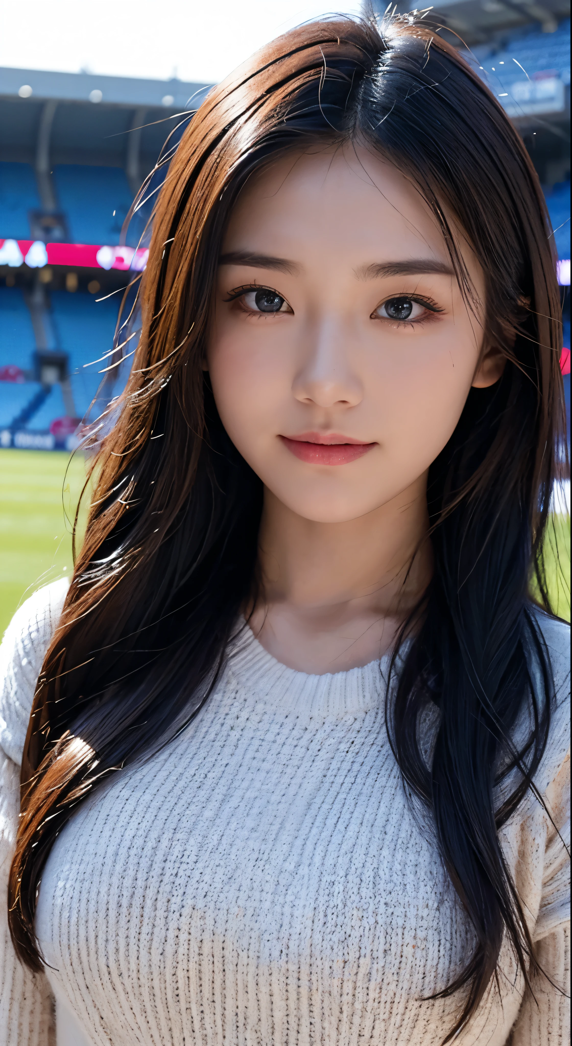with high definition images,Dressed in knitted clothes,A very beautiful woman,Facial details,Watching soccer。On the background of a soccer stadium