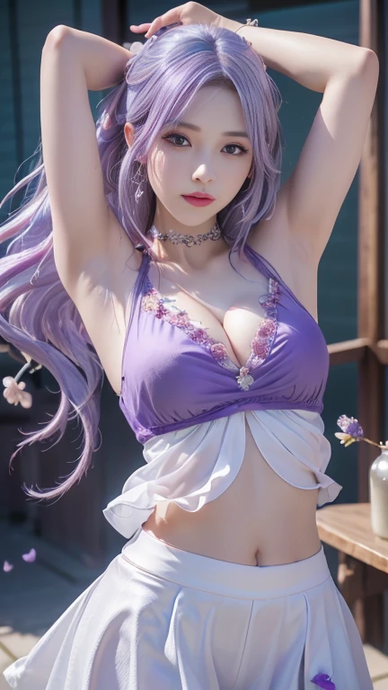 (logo、masterpiece、8k、table top、RAW photo、wonderful、最high quality、Photorealistic and hvery detailed CG integrated 8k wallpaper、high quality、very detailed、Narrative poem、particle effects、dynamic effects、written boundary depth、cinematic light、Lens flare、ray tracing)、fantasy、 (1 beautiful woman、light purple hair、beautiful face、real face、beautiful detailed eyes、beautiful skin、woman dancing gracefully:1.7、woman dancing gracefully:1.7)、Hair flutters in Wind、hair bouncey hair dances in the wind、hair jump、halter neck、white leather pants、white leather jacket、silver earrings、night、Wind、darkness、grassland、vast land、Wonderful views、Beautiful natural wind scenery、Night Sky、Wind、cherry blossoms、cherry blossomsの花びらが舞っている、SakuraFubuki、falling petals