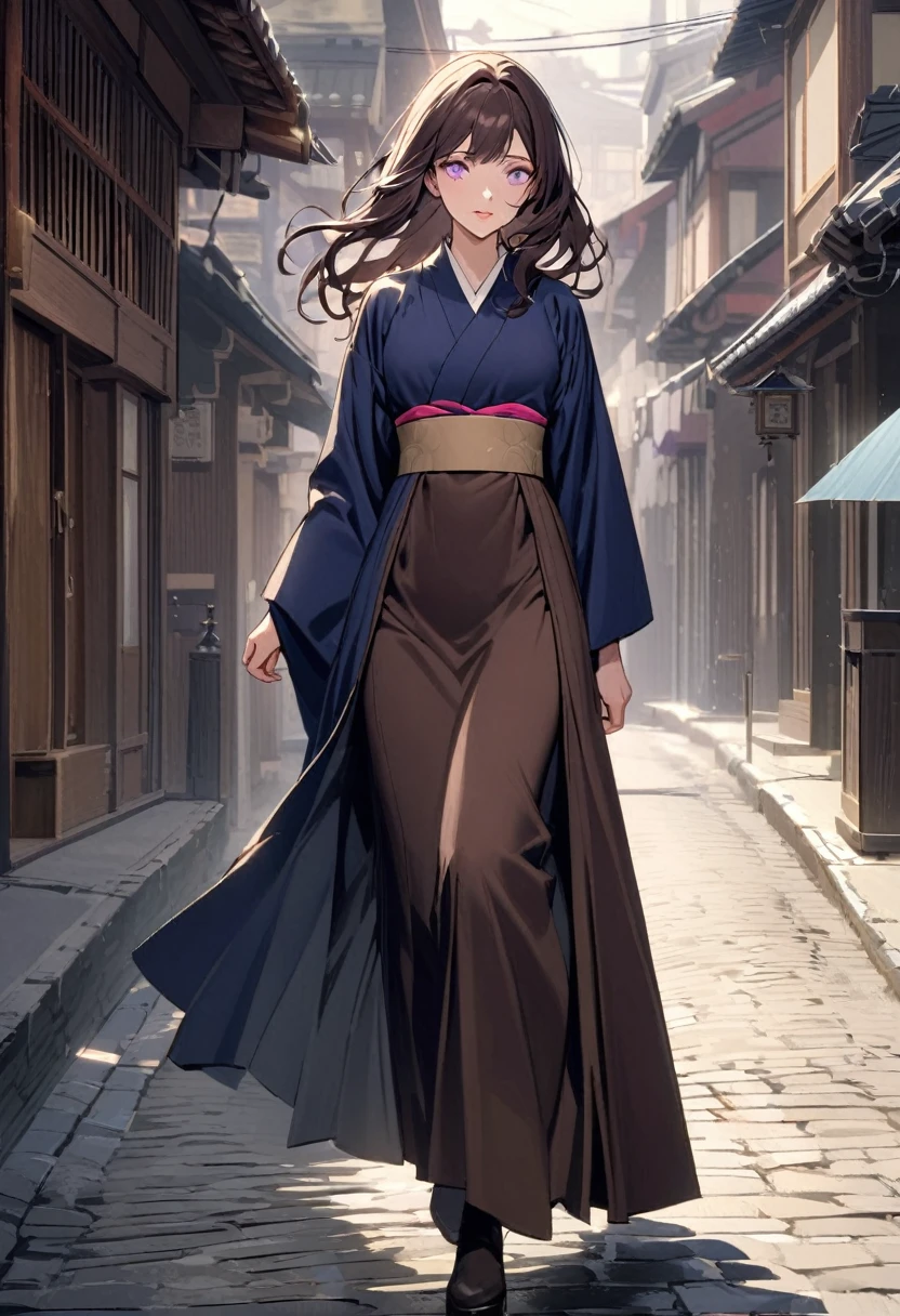 a young adult japanese woman 30s. Her hair is long and brown color. Her face is sad Her skin is radiant and clear, and her lips is pink. violet color eyes are captivating and beautiful. She is wearing a blue long-dress, and walking in the street of takayama