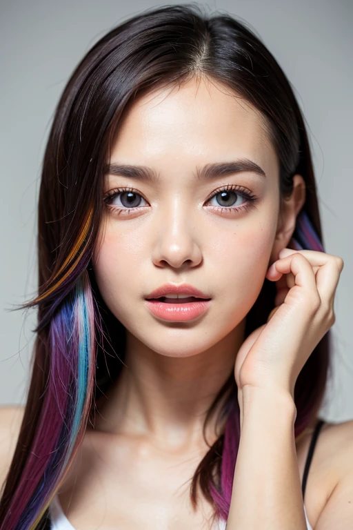 ((masterpiece)), ((best quality)), (portrait of beautiful girl), perfect detailed eyes, perfect detailed face, ultra-detailed nose, open mouth, radom color shorts, perfect teeth, bare shoulders, charming, perfect face, dimple on cheek, depth of field, highres, ((real skin texture)), (well-proportionedu hands), thin lips, random color hair, floating multicolored hair, thin waist, orange pastel background
