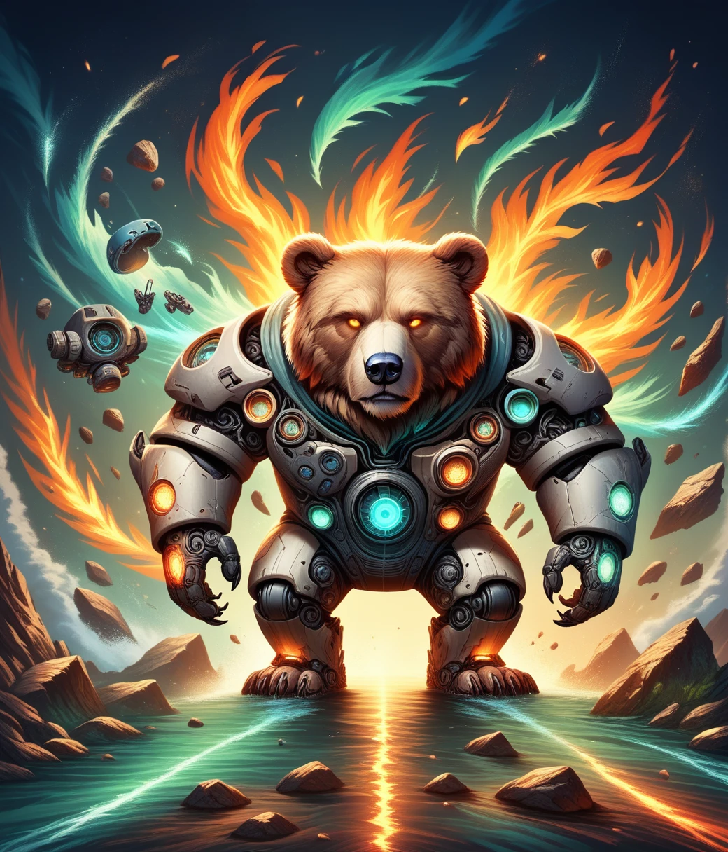 DonMM4573r0f3l3XL, bear, full body, tech, futuristic, futurism, postapocalyptic