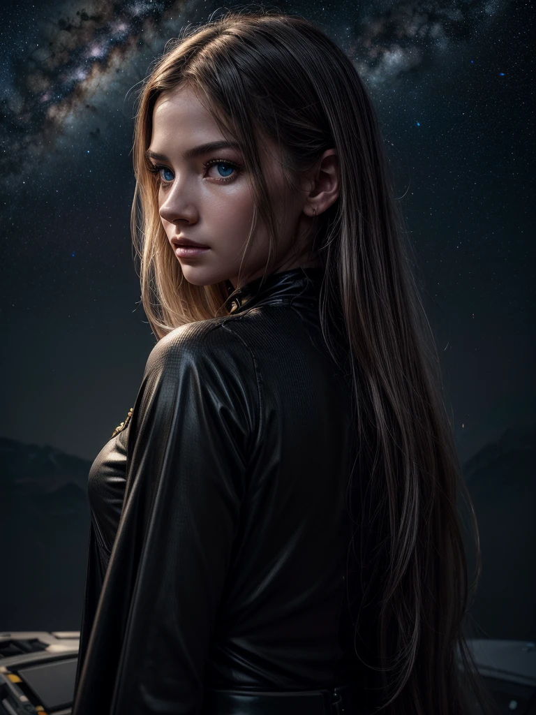 ultra realistic professional black and white full body back camera((())) (photo 1028k qhd) by (James C. Christensen:1.2|Jeremy Lipking:1.1), (Dittmann Anna:0.3), (jiner:0.3), (mise au point nette:1.3) lndswgnr,High detail, instagram top model,, beautiful detailed ice baby blue eyes, k eyes,(eye makeup:1.2) sleeping Pose of the Instagram model, perfect button nose,A girl stands on the edge of a majestic space station, overlooking the curvature of the Earth below, as the dazzling stars of the Milky Way paint the backdrop of her awe-inspiring panoramic view, blending the cosmic grandeur with her human presence.