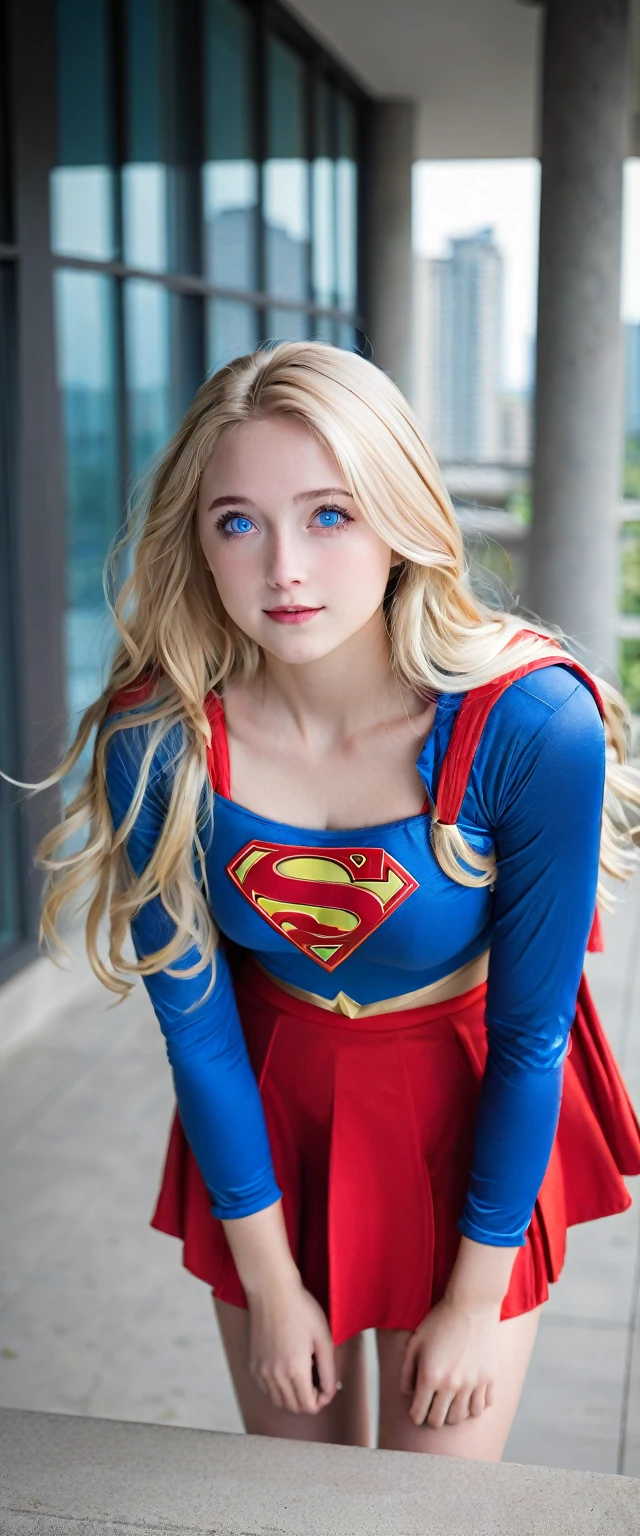 ((Highest quality, masterpiece, nonsense)),One girl:1.9, sexy, ( 18-year-old, Expressive blue eyes, shoulder-length blonde hair, Long Hair,loose and voluminous hair),Dress up as Supergirl (supergirl suite custom cosplay), Red pleated skirt,Naughty, terrace of 1 building