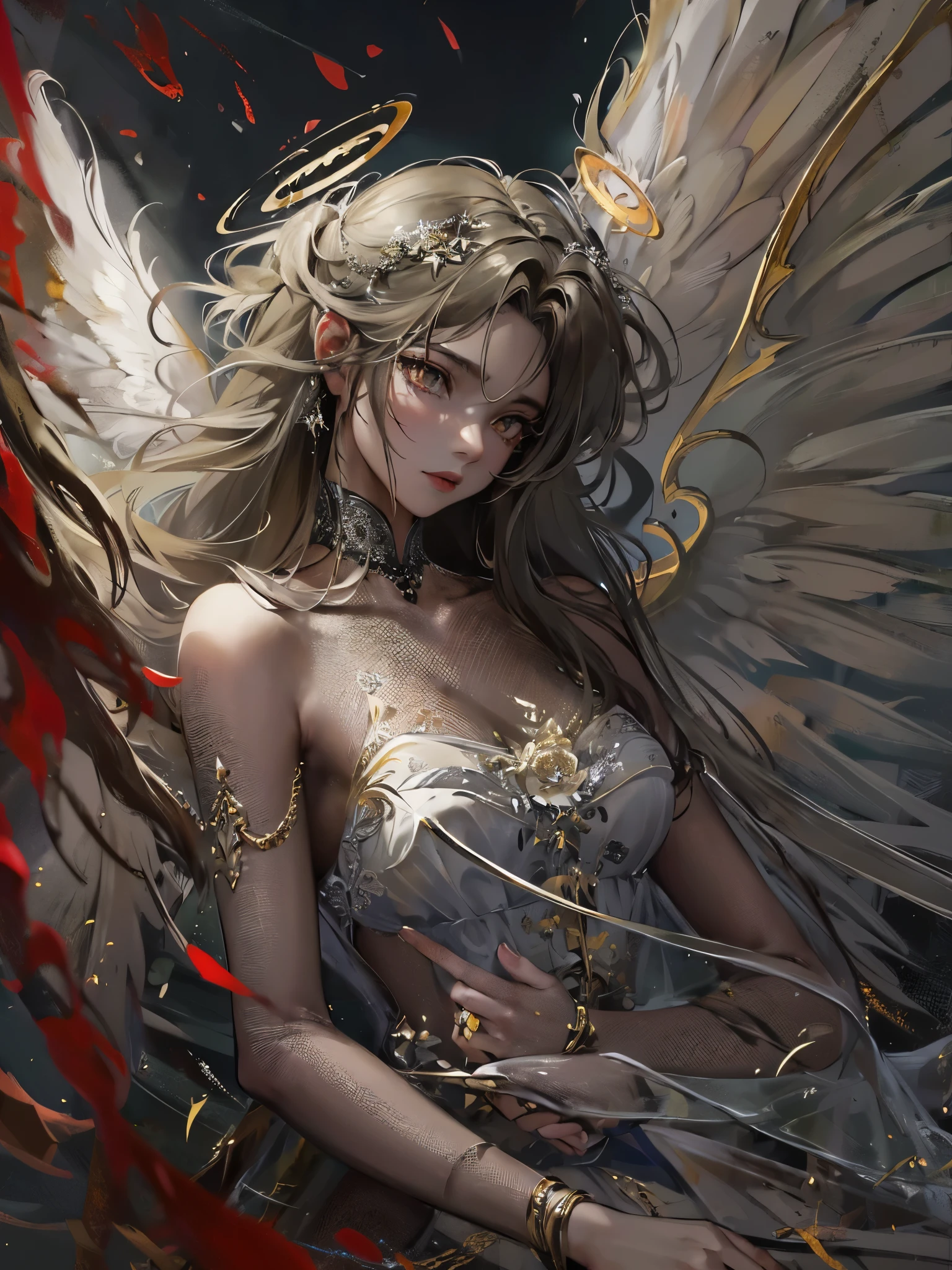 ((Highest quality)),(Ultra-high resolution),(Super detailed),(Detailed Description),((The best CG)),(masterpiece),Highly detailed art,(Art with precise detail:1.5), (Female fallen angel:1.4),(A dull glowing angel halo:1.6),(Blackened angel wings:1.6),(Shabby Angel's Clothes:1.4),(Determined red eyes:1.3), (A legend born in defiance of the gods:1.5), There is nothing to lose:1.4, Fight for love:1.6, Twinkling Constellations:1.6, wander:1.3,