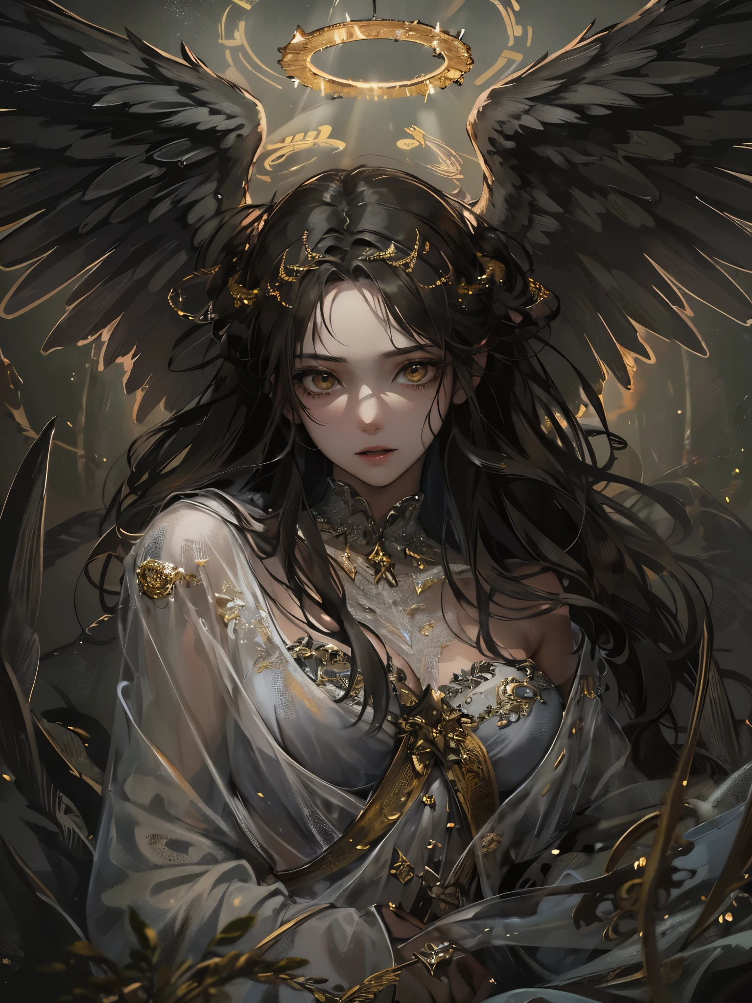 ((Highest quality)),(Ultra-high resolution),(Super detailed),(Detailed Description),((The best CG)),(masterpiece),Highly detailed art,(Art with precise detail:1.5), (Female fallen angel:1.4),(A dull glowing angel halo:1.6),(Blackened angel wings:1.6),(Shabby Angel&#39;s Clothes:1.4),(Determined red eyes:1.3), (A legend born in defiance of the gods:1.5), There is nothing to lose:1.4, Fight for love:1.6, Twinkling Constellations:1.6, wander:1.3,