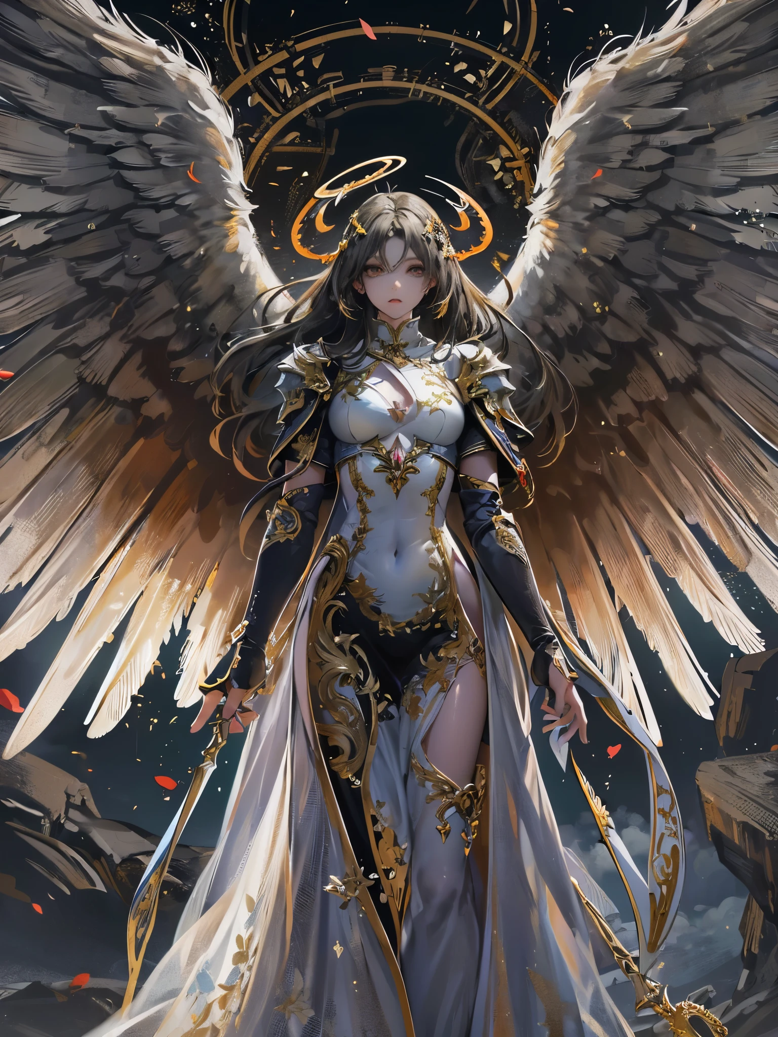 ((Highest quality)),(Ultra-high resolution),(Super detailed),(Detailed Description),((The best CG)),(masterpiece),Highly detailed art,(Art with precise detail:1.5), (Female fallen angel:1.4),(A dull glowing angel halo:1.6),(Blackened angel wings:1.6),(Shabby Angel's Clothes:1.4),(Determined red eyes:1.3), (A legend born in defiance of the gods:1.5), There is nothing to lose:1.4, Fight for love:1.6, Twinkling Constellations:1.6, wander:1.3,